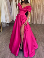 Stylish A-Line Off the Shoulder Satin Long Prom Dress Hot Pink Pleats Evening Dress With Slit Y7644 by simplepromdress