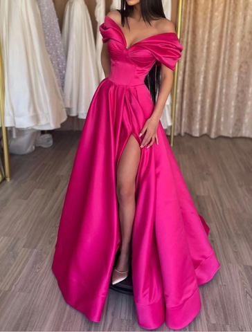Elegante vestido de fiesta largo de satén con hombros descubiertos, corte A, rosa intenso, plisado y abertura Y7644