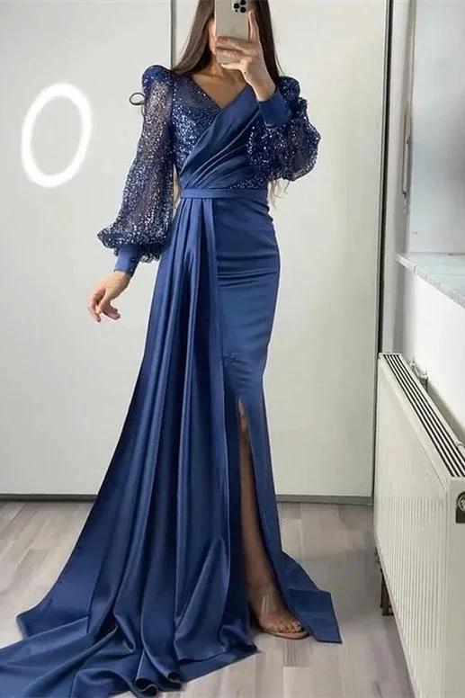 Long Sleeves V-neck Satin Mermaid Prom Dresses with Split by BIZTUNNEL