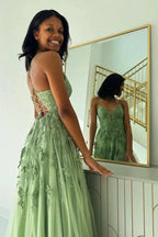 Sage Green V Neck Tulle A-Line Long Prom Dresses with Appliques by KissProm
