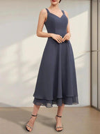 A-line V-Neck Tea-Length Chiffon Mother of the Bride Dress by Dreamylily
