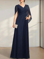 A-line V-Neck Floor-Length Chiffon Mother of the Bride Dress With Pleated by Dreamylily