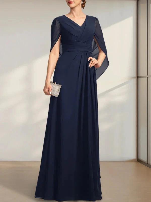 A-line V-Neck Floor-Length Chiffon Mother of the Bride Dress With Pleated by Dreamylily