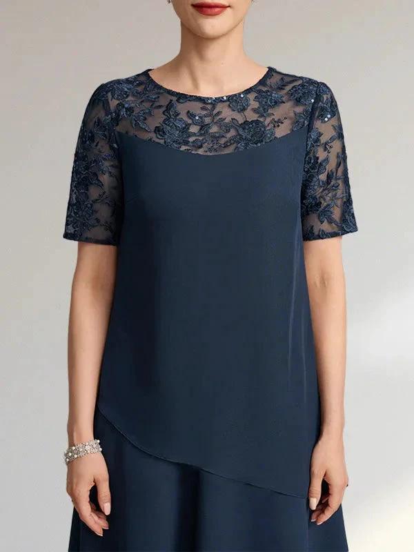 A-line Scoop Illusion Knee-Length Lace Chiffon Mother of the Bride Dress With Sequins by Dreamylily
