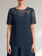 A-line Scoop Illusion Knee-Length Lace Chiffon Mother of the Bride Dress With Sequins by Dreamylily