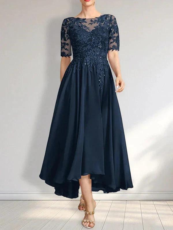 A-line Scoop Illusion Asymmetrical Chiffon Lace Mother of the Bride Dress With Sequins by Dreamylily