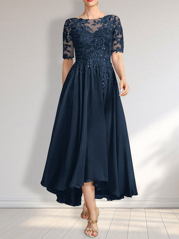A-line Scoop Illusion Asymmetrical Chiffon Lace Mother of the Bride Dress With Sequins