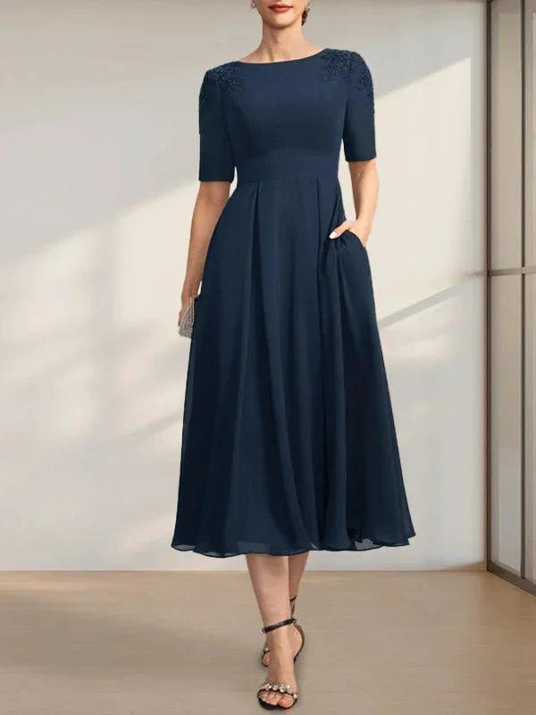 A-line Scoop Tea-Length Chiffon Mother of the Bride Dress With Appliques Lace Sequins by Dreamylily