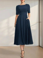 A-line Scoop Tea-Length Chiffon Mother of the Bride Dress With Appliques Lace Sequins by Dreamylily