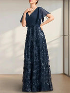 A-line V-Neck Floor-Length Lace Sequin Chiffon Mother of the Bride Dress With Pleated by Dreamylily