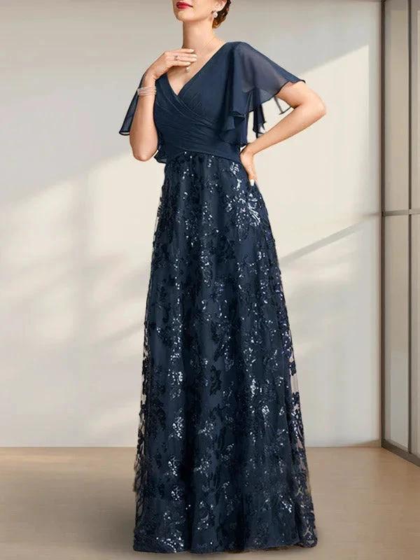 A-line V-Neck Floor-Length Lace Sequin Chiffon Mother of the Bride Dress With Pleated by Dreamylily