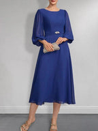 A-line Scoop Tea-Length Chiffon Mother of the Bride Dress With Crystal Brooch Pleated by Dreamylily