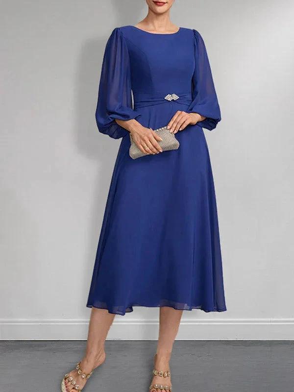 A-line Scoop Tea-Length Chiffon Mother of the Bride Dress With Crystal Brooch Pleated by Dreamylily
