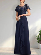 A-line Asymmetrical Illusion Floor-Length Lace Chiffon Mother of the Bride Dress With Cascading Ruffles Sequins by Dreamylily