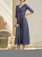 A-line V-Neck Tea-Length Chiffon Lace Mother of the Bride Dress With Beading by Dreamylily