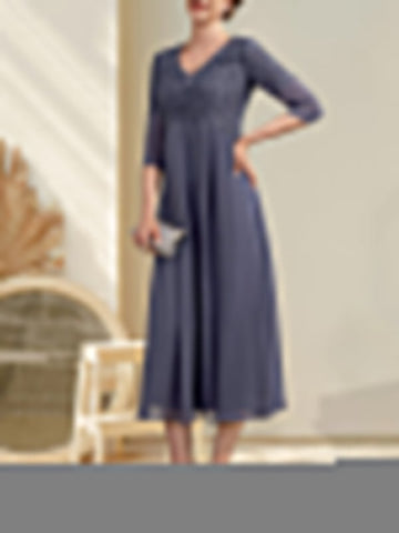 A-line V-Neck Tea-Length Chiffon Lace Mother of the Bride Dress With Beading