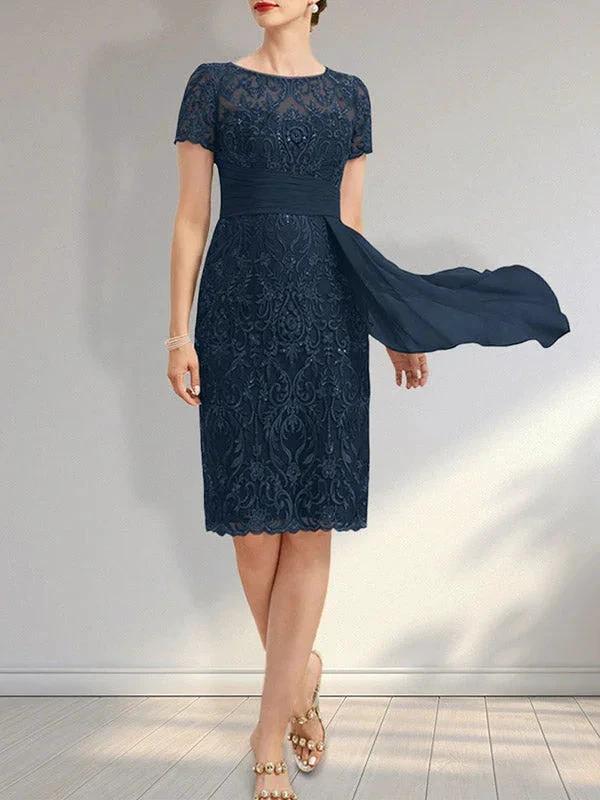 Sheath Scoop Illusion Knee-Length Lace Chiffon Mother of the Bride Dress With Cascading Ruffles Sequins by Dreamylily