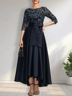 A-line Scoop Illusion Asymmetrical Satin Lace Mother of the Bride Dress With Bow by Dreamylily