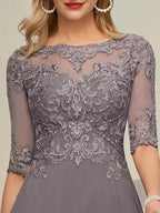 A-line Boat Neck Illusion Asymmetrical Chiffon Lace Mother of the Bride Dress With Sequins Beading by Dreamylily