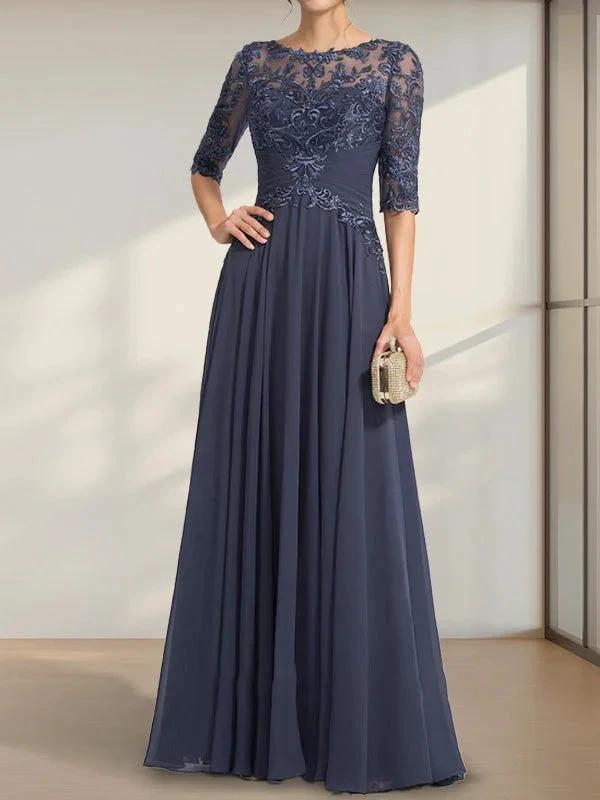 A-line Scoop Illusion Floor-Length Chiffon Lace Mother of the Bride Dress With Pleated Sequins by Dreamylily