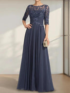 A-line Scoop Illusion Floor-Length Chiffon Lace Mother of the Bride Dress With Pleated Sequins by Dreamylily