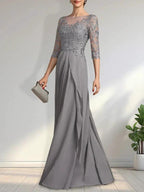 A-line Scoop Illusion Floor-Length Chiffon Lace Mother of the Bride Dress With Beading Sequins Cascading Ruffles by Dreamylily