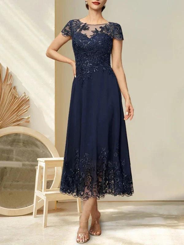 A-line Illusion Scoop Tea-Length Lace Chiffon Mother of the Bride Dress With Sequins by Dreamylily