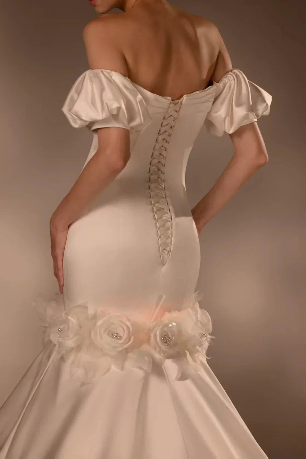 Gorgeous Long Mermaid Off-the-Shoulder Puff Sleeve Satin Wedding Dress with 3D Flower & Lace-Up Back & Tulle Train Q6012 by ZAPDRESS