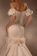 Gorgeous Long Mermaid Off-the-Shoulder Puff Sleeve Satin Wedding Dress with 3D Flower & Lace-Up Back & Tulle Train Q6012 by ZAPDRESS