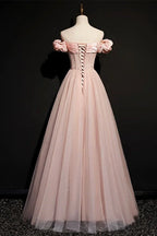 Pink Tulle Beaded Princess Prom Dress Off The Shoulder Ball Gown Evening Dress Y7584 by simplepromdress