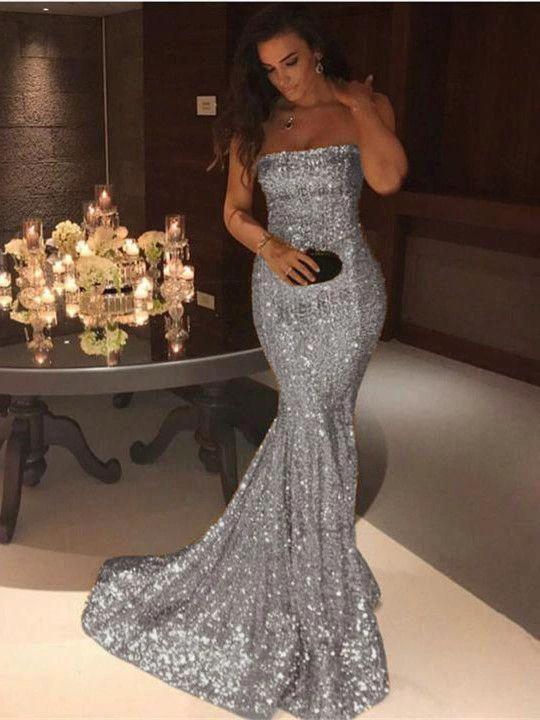 Elegant Long Strapless Sequins Mermaid Evening Prom Dress by BIZTUNNEL
