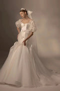 Elegant Mermaid Square Neck Organza Puff Sleeve Satin Wedding Dress with Crystal Trim & Lace-Up Back Q6019 by ZAPDRESS