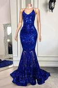 Open Back Spaghetti Straps Mermaid Long Prom Dress With Sequins in Royal Blue by BIZTUNNEL