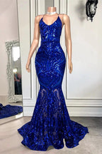 Open Back Spaghetti Straps Mermaid Long Prom Dress With Sequins in Royal Blue by BIZTUNNEL
