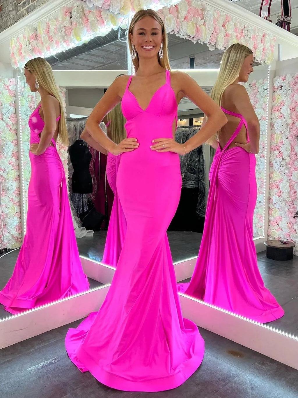 Angela |Mermaid Pink V Neck Backless Satin Long Prom Dress by KissProm