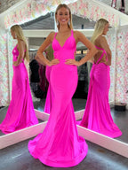 Angela |Mermaid Pink V Neck Backless Satin Long Prom Dress by KissProm