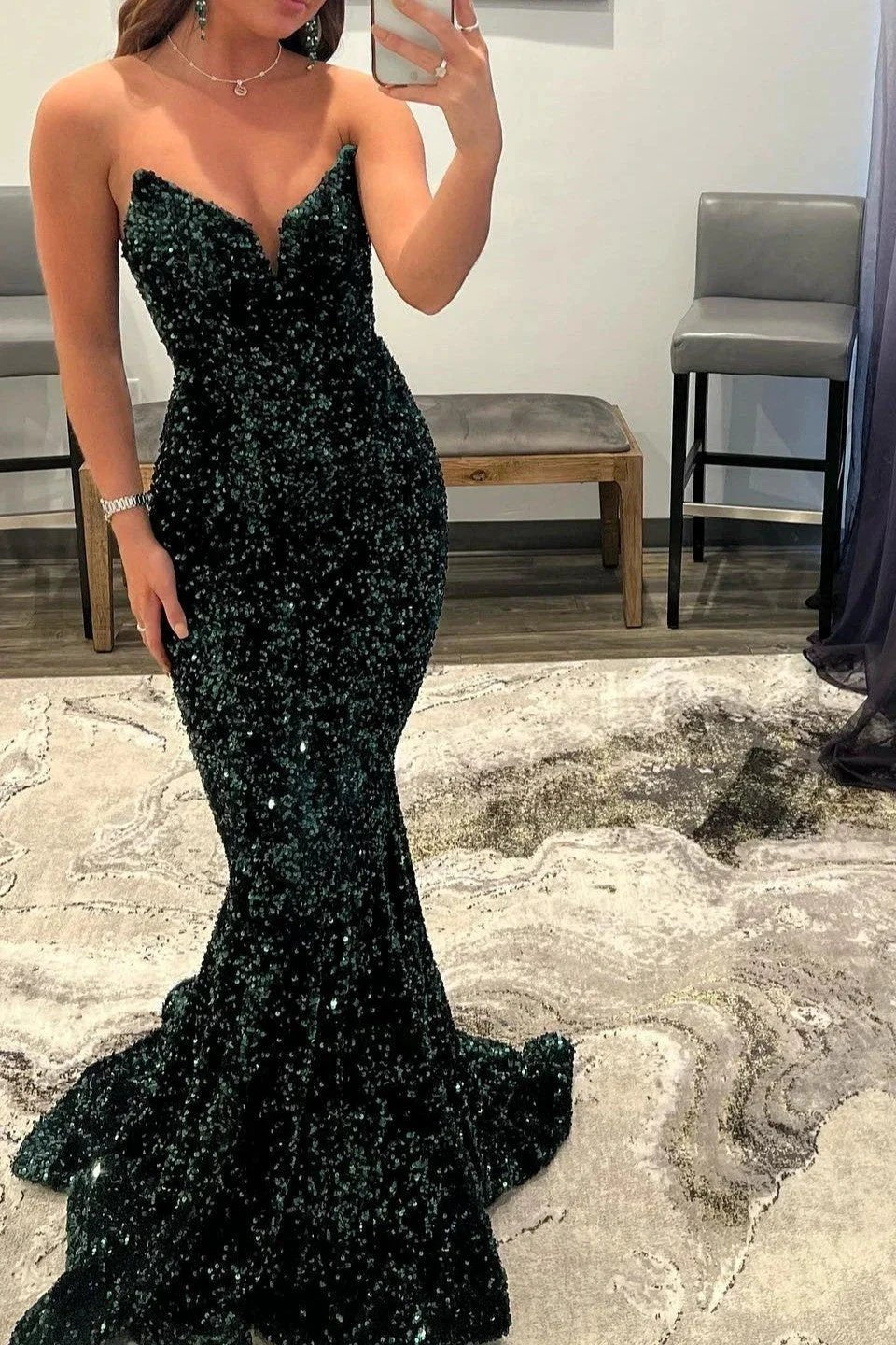Sequined Open Back V-Neck Mermaid Long Prom Gown by BIZTUNNEL