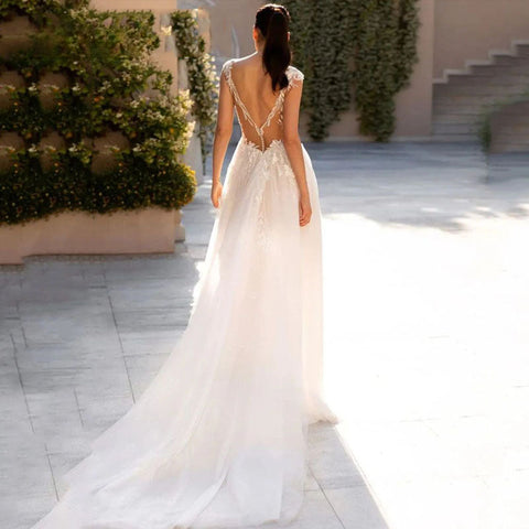 Sexy Deep V-Neck Wedding Dresses Cap Sleeve Backless Bride Gowns Elegant Tulle Lace Appliques A-Line Vestidos De Novia