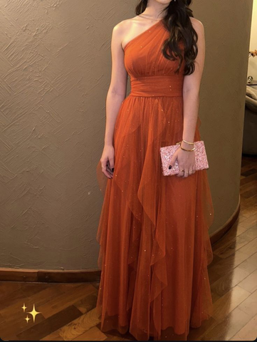 Vestido de noche de tul naranja brillante con un solo hombro, vestido de fiesta Y7602