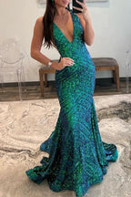 Nina |Deep V Neck Pink Sequins Mermaid Long Prom Dress by KissProm
