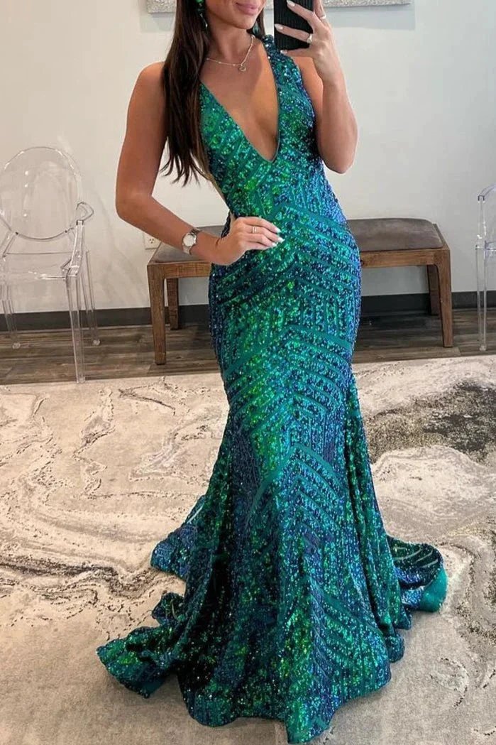Nina |Deep V Neck Pink Sequins Mermaid Long Prom Dress by KissProm