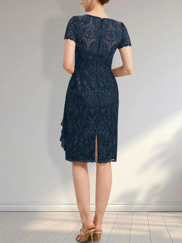 Sheath Scoop Illusion Knee-Length Lace Chiffon Mother of the Bride Dress With Cascading Ruffles Sequins by Dreamylily