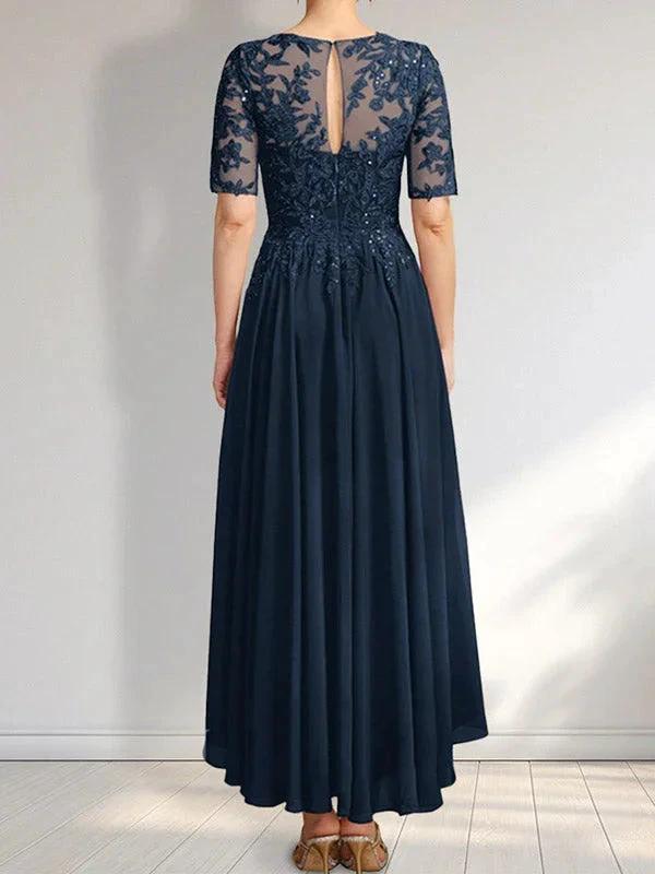 A-line Scoop Illusion Asymmetrical Chiffon Lace Mother of the Bride Dress With Sequins by Dreamylily