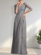 A-line Scoop Illusion Floor-Length Chiffon Lace Mother of the Bride Dress With Beading Sequins Cascading Ruffles by Dreamylily