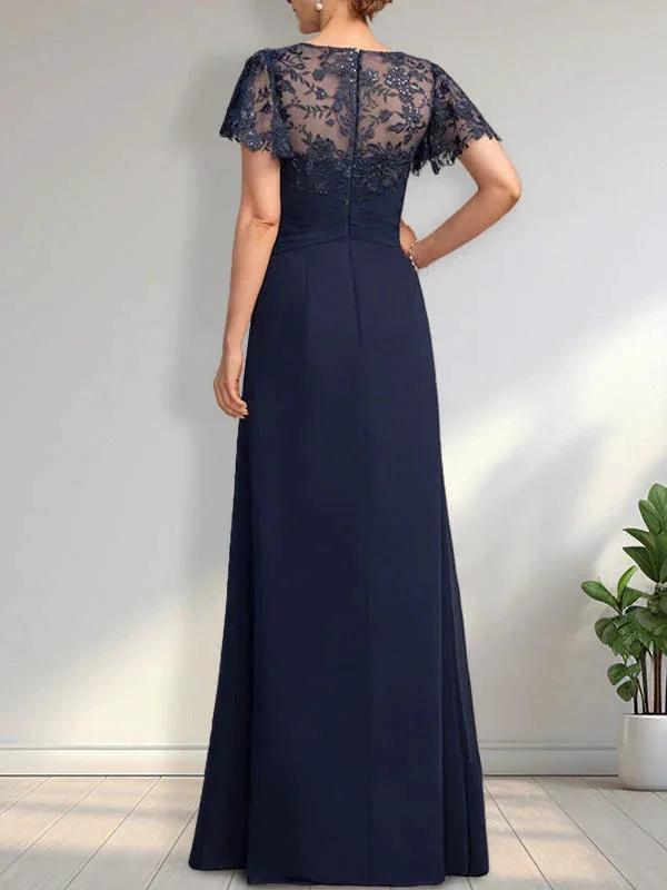 A-line Asymmetrical Illusion Floor-Length Lace Chiffon Mother of the Bride Dress With Cascading Ruffles Sequins by Dreamylily
