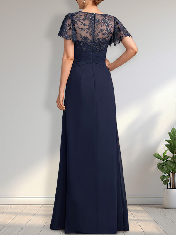 A-line Asymmetrical Illusion Floor-Length Lace Chiffon Mother of the Bride Dress With Cascading Ruffles Sequins Main Image