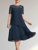 A-line Scoop Illusion Knee-Length Lace Chiffon Mother of the Bride Dress With Sequins by Dreamylily