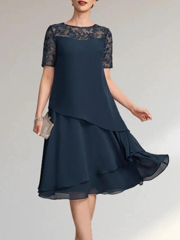 A-line Scoop Illusion Knee-Length Lace Chiffon Mother of the Bride Dress With Sequins by Dreamylily