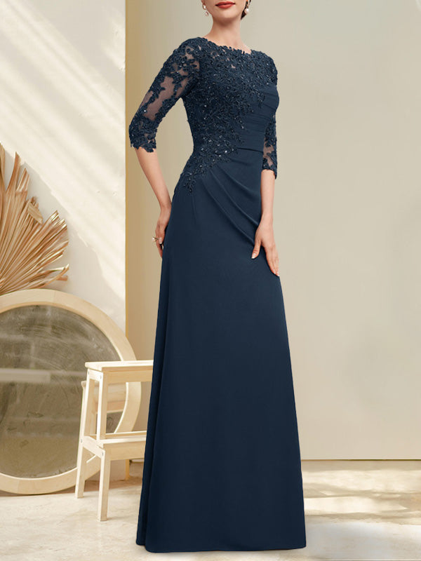 A-line Scoop Floor-Length Chiffon Lace Mother of the Bride Dress With Beading Pleated Sequins Hover Image
