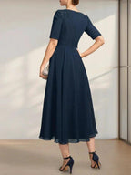 A-line Scoop Tea-Length Chiffon Mother of the Bride Dress With Appliques Lace Sequins by Dreamylily